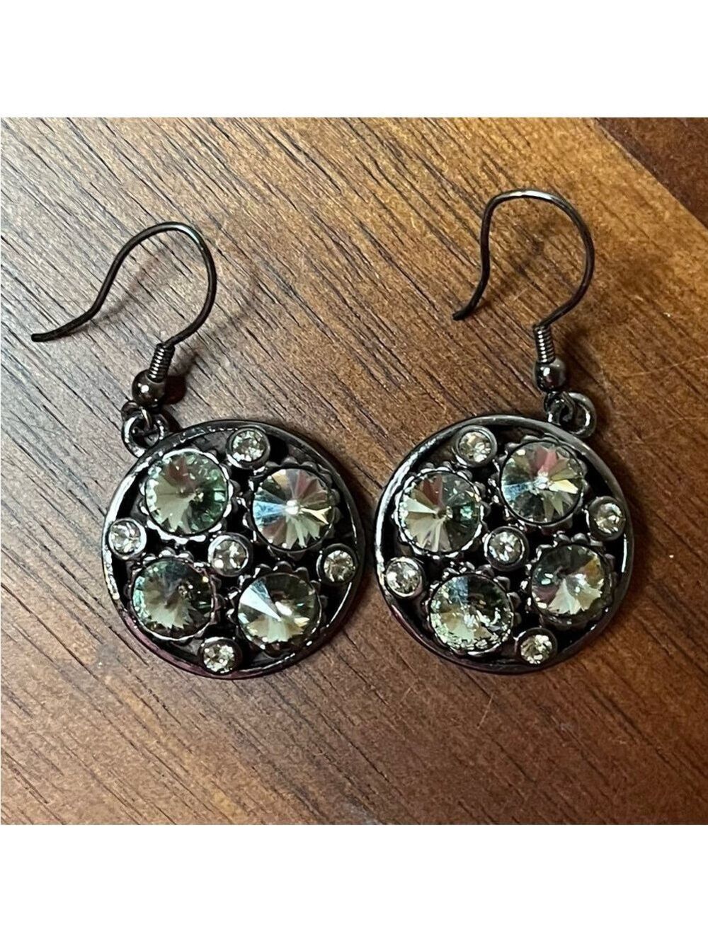 Butler Black Crystal Drop Earrings Round Rhinestone Gunmetal Dangle